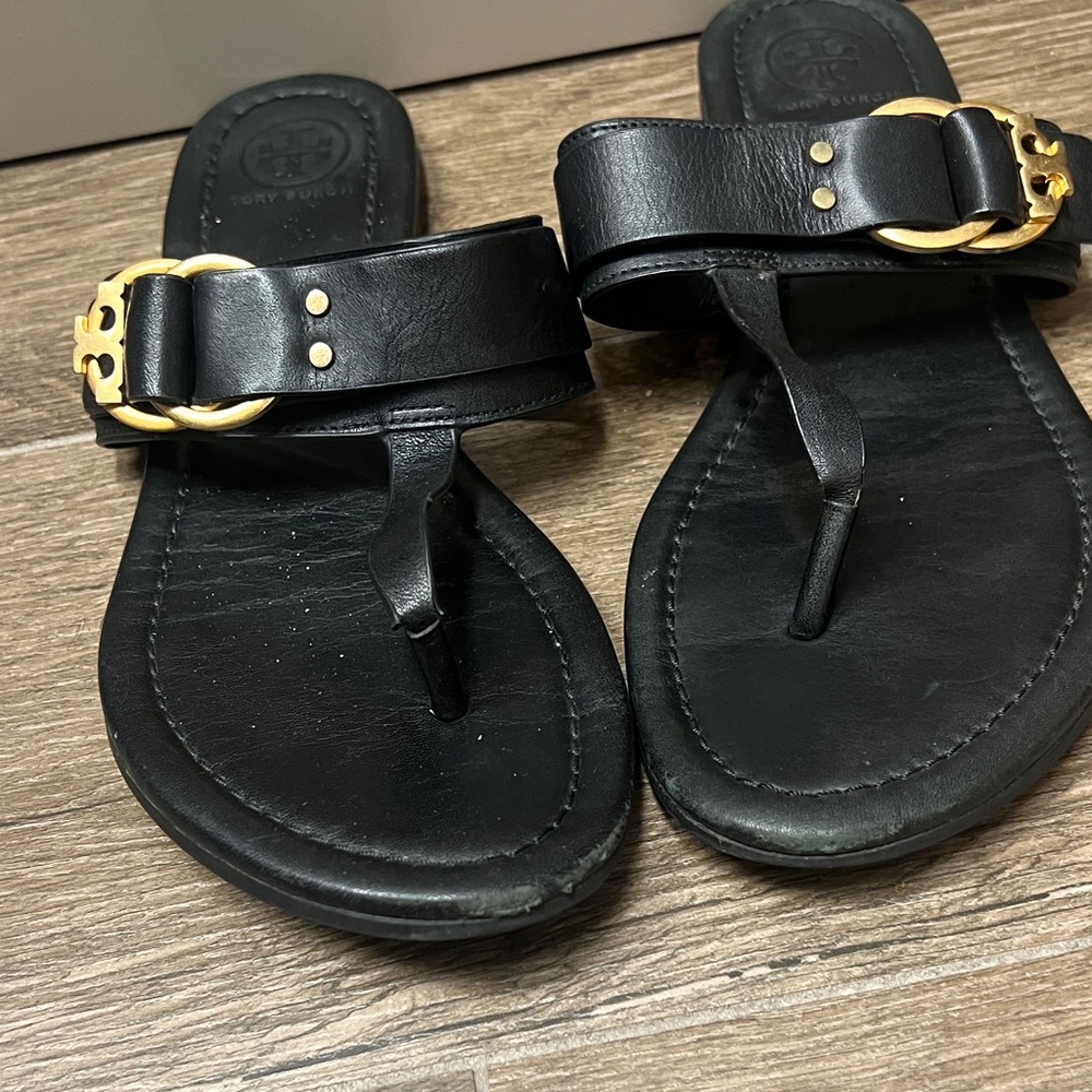 Tory Burch Black Leather Thong Sandals with Gold Hardware